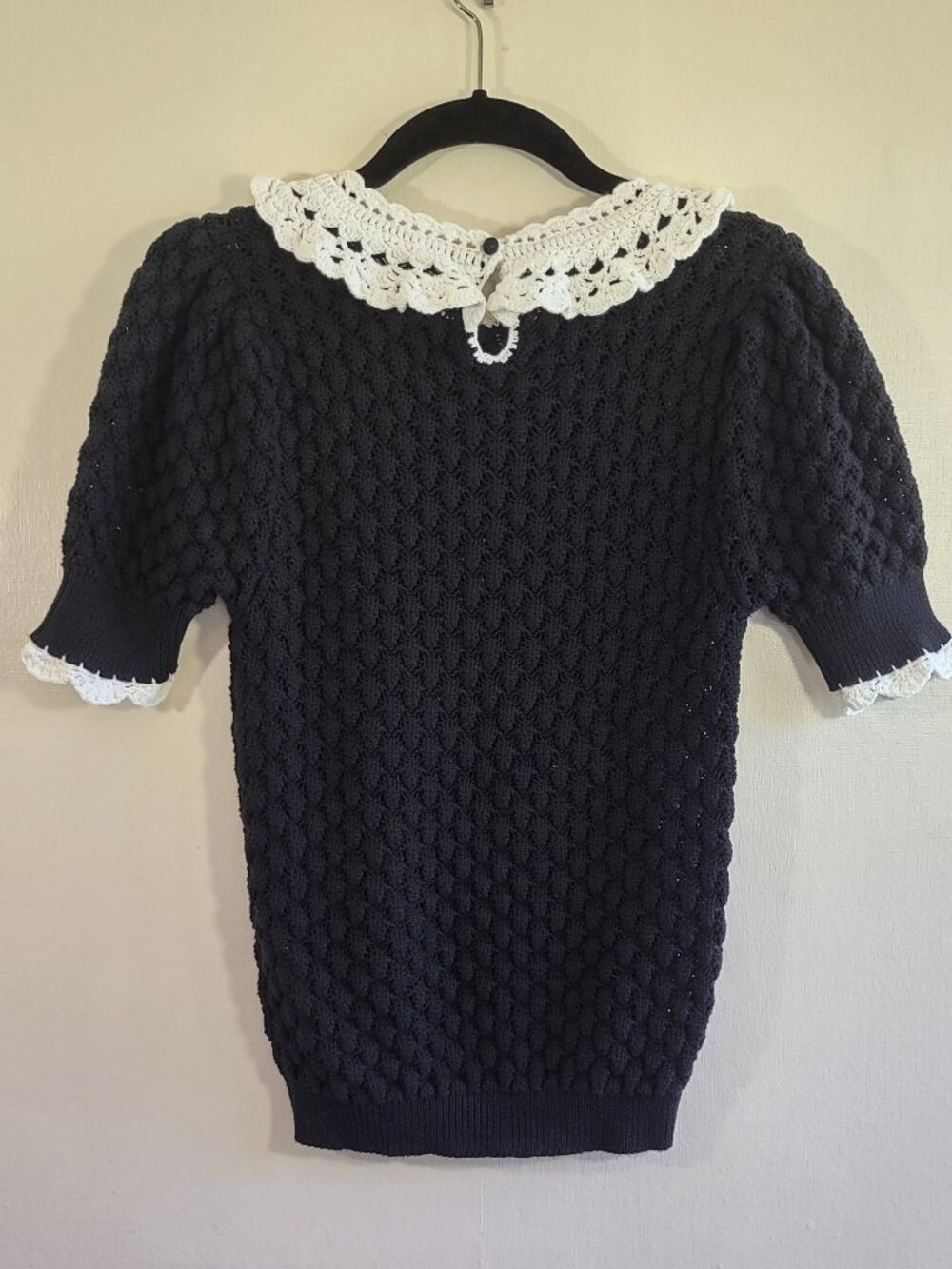 ZARA Knit Peter Pan Collar Top Size Small Black & White Puff Sleeve Femme Preppy - Picture 6 of 11
